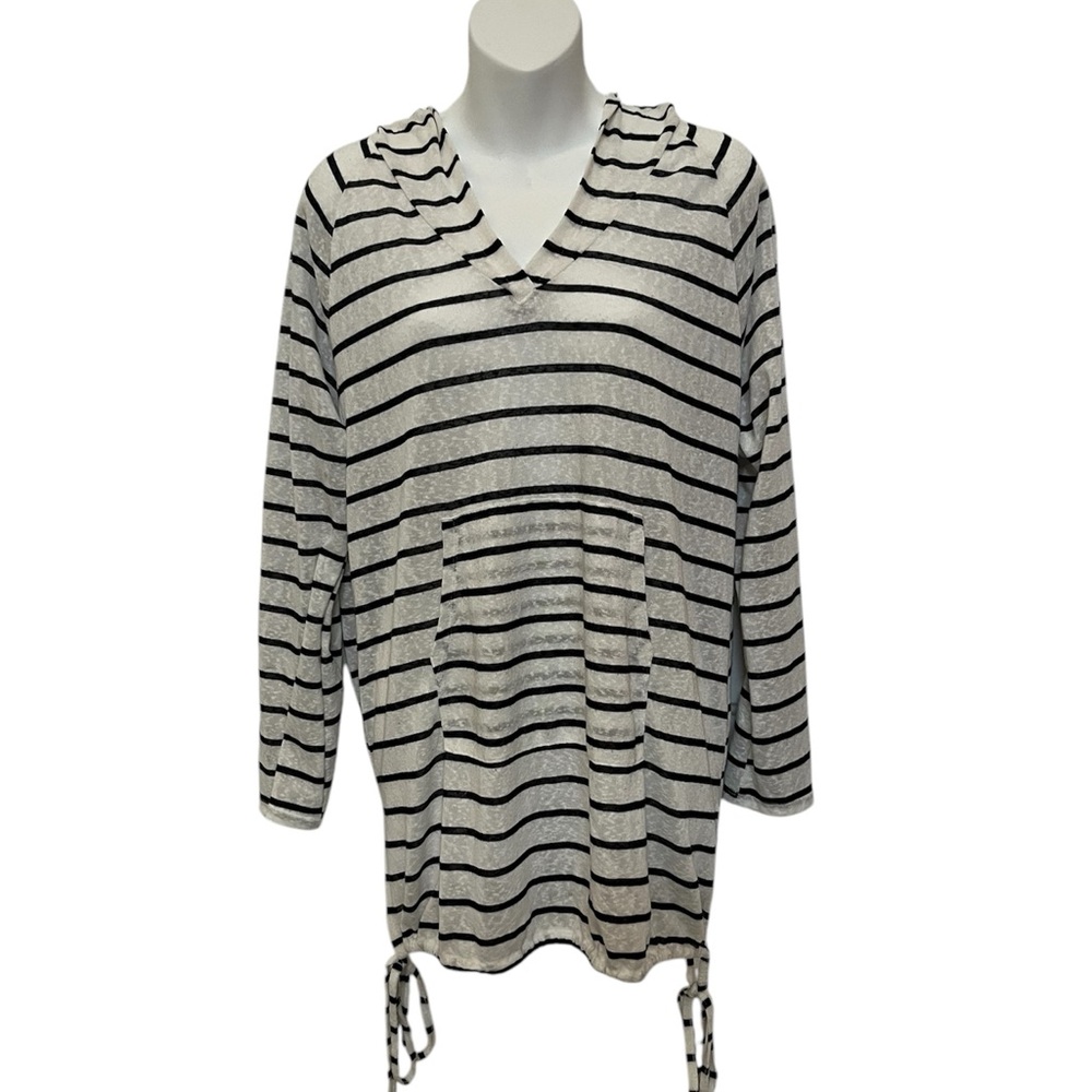 Kona Sol Black Stripe White Hooded Cover-Up Small Ladies Front Pocket Beach Wear